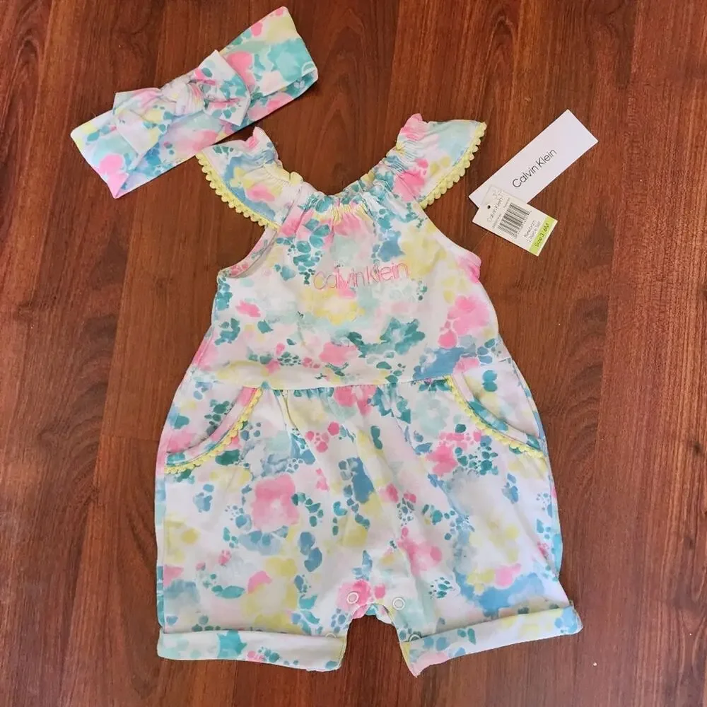 CALVIN KLEIN NEW FLORAL ROMPER WITH HEADBAND SIZE 3-6 MTHS